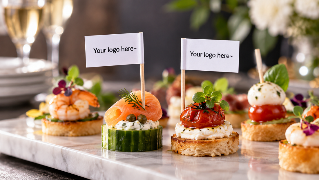 Custom toothpick flags with the placeholder Your logo here on appetizers