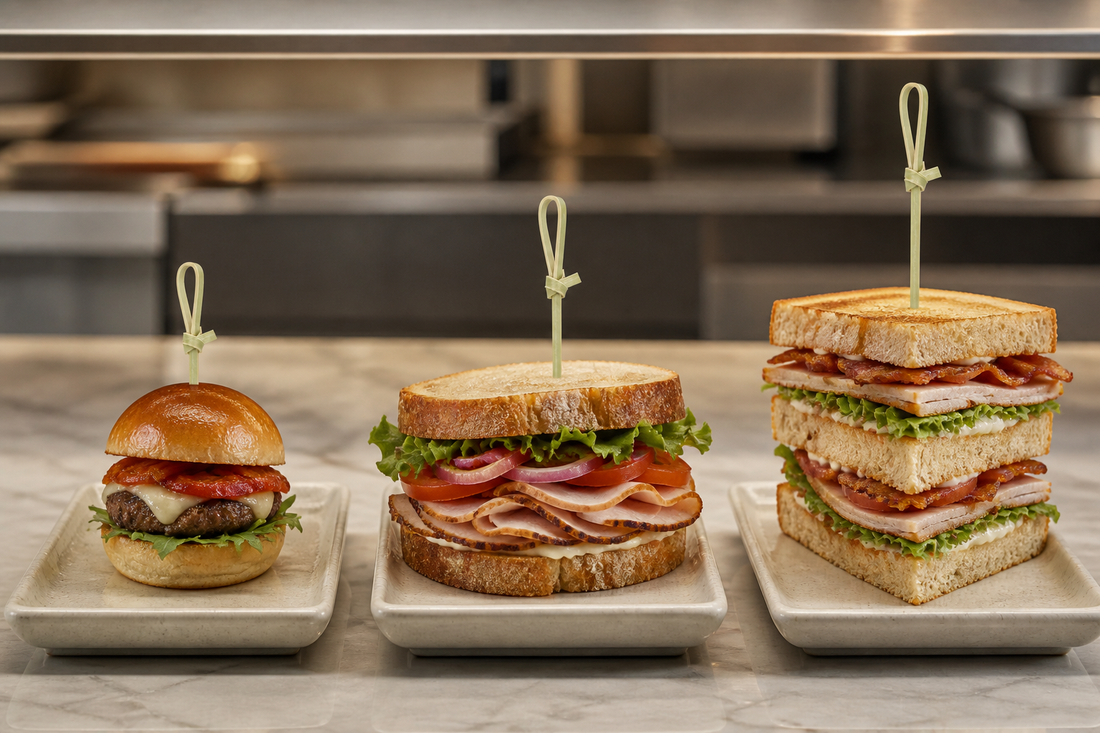 Uncommon knotted bamboo picks in a restaurant sandwich service setup