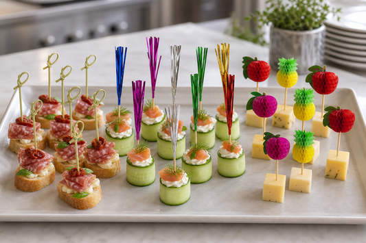 Uncommon knotted, frill and fruit picks arranged for appetizer service