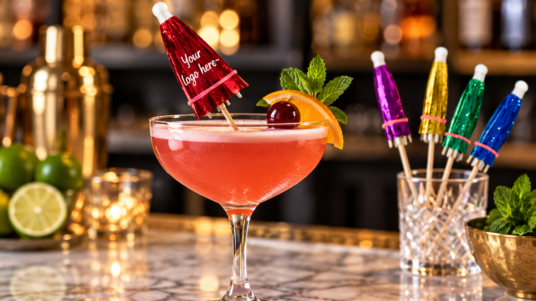 Custom metallic cocktail umbrellas with Your logo here mockup