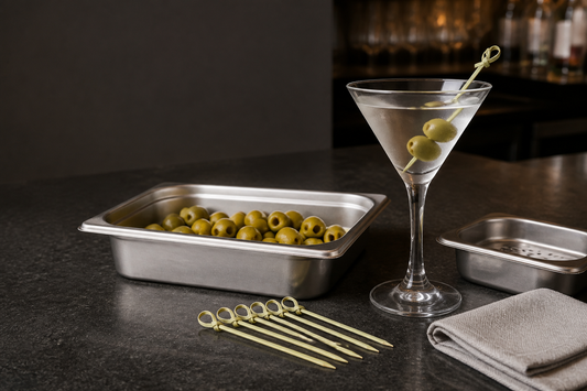 Uncommon knotted bamboo picks arranged at an olive garnish station