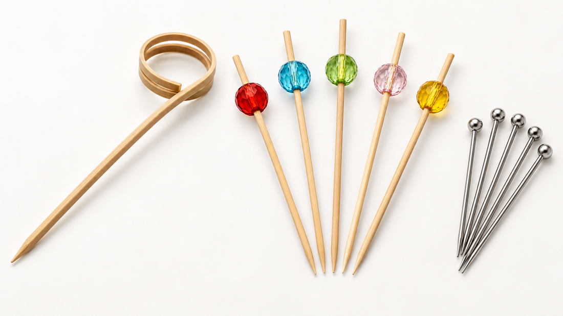 Bamboo and wood picks compared with an external stainless steel pick example