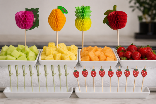 Uncommon fruit-themed and bamboo picks in a buffet fruit service scene