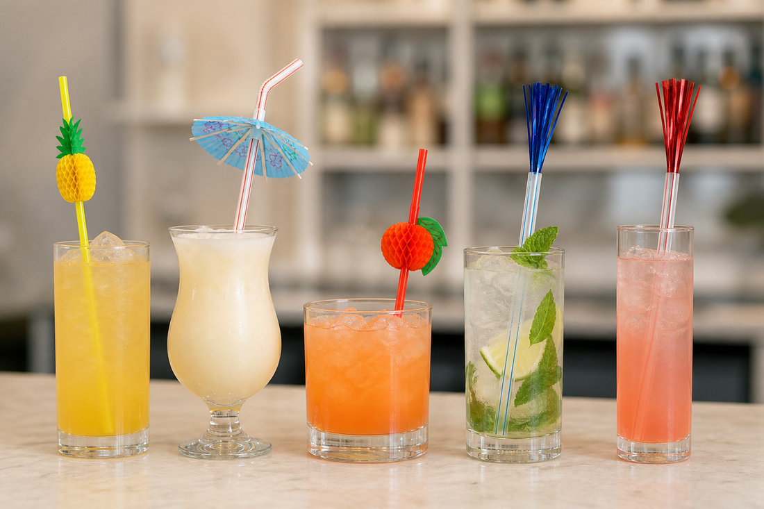 Uncommon decorative drinking straws in a professional beverage service lineup