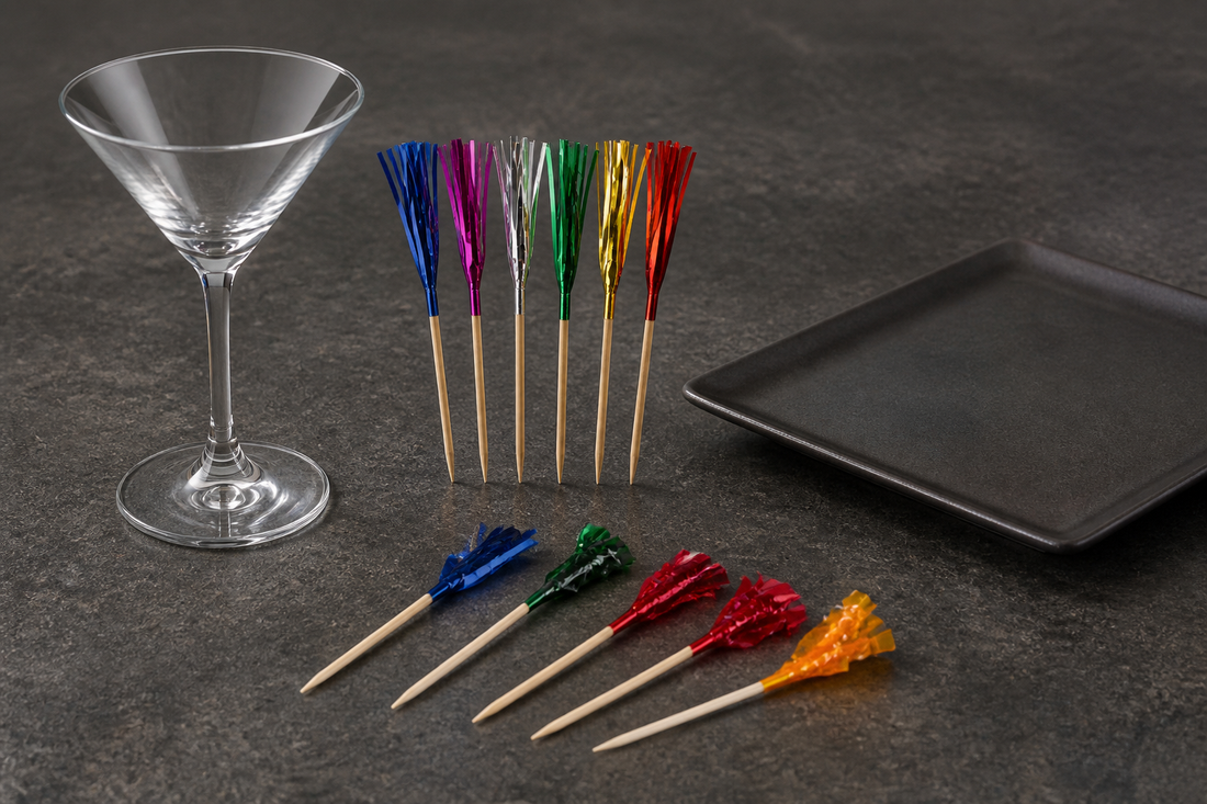 Selected Uncommon metallic and cellophane frill picks for foodservice