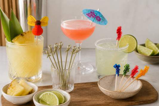 Uncommon bee, umbrella, frill and knotted bamboo picks in bar garnish service