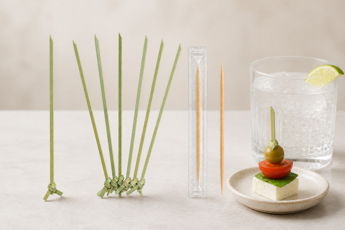 Uncommon long knotted bamboo sticks and clear-wrapped toothpicks for foodservice