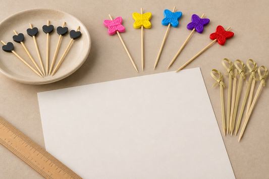 Uncommon heart, butterfly and knotted bamboo pick samples beside a blank specification sheet