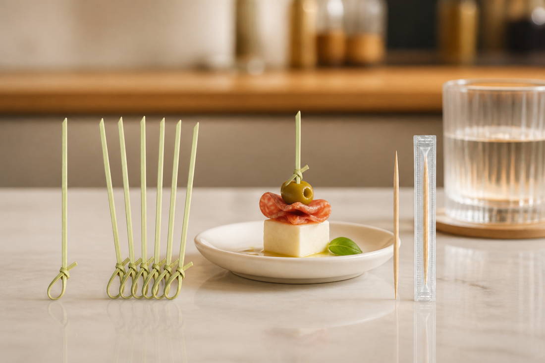 Uncommon knotted bamboo picks and clear-wrapped toothpicks for foodservice