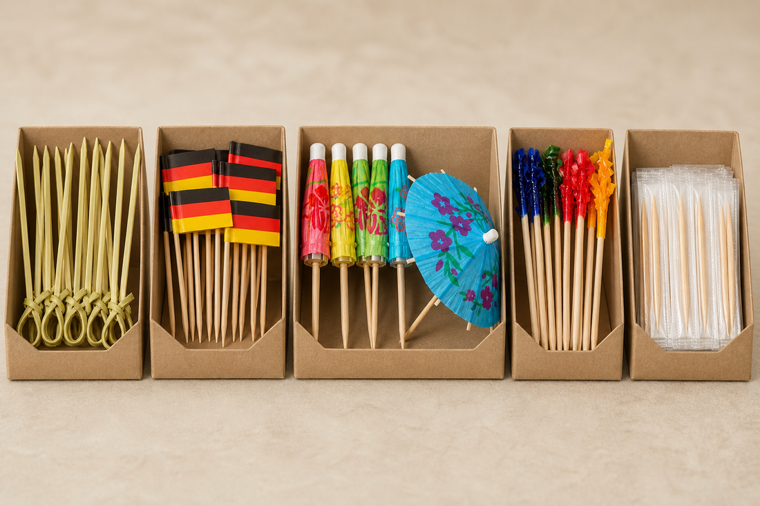Uncommon bamboo, flag, umbrella, frill and wrapped toothpick assortment for wholesale buyers