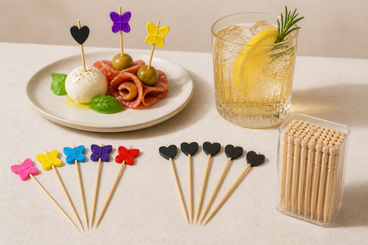 Uncommon heart, butterfly and carved wood picks with an appetizer and drink