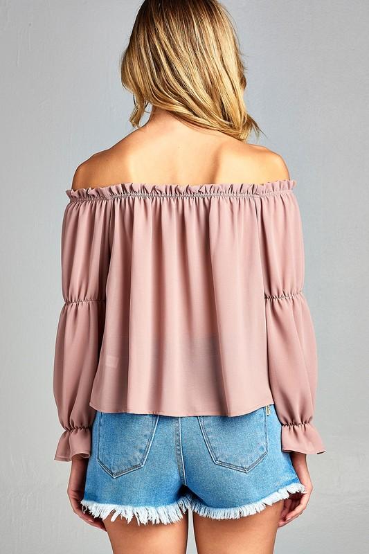 Women's Puff Long Sleeve Ruffled Front Tie Off Shoulder Top