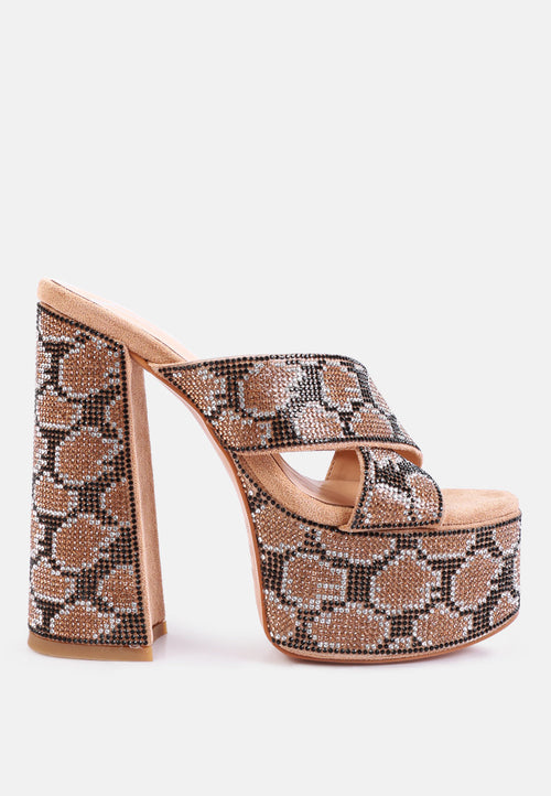 Sinful High Platform Patterned Diamante Slides