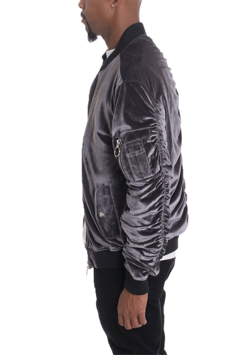 Velour Cinch Sleeve Bomber Jacket