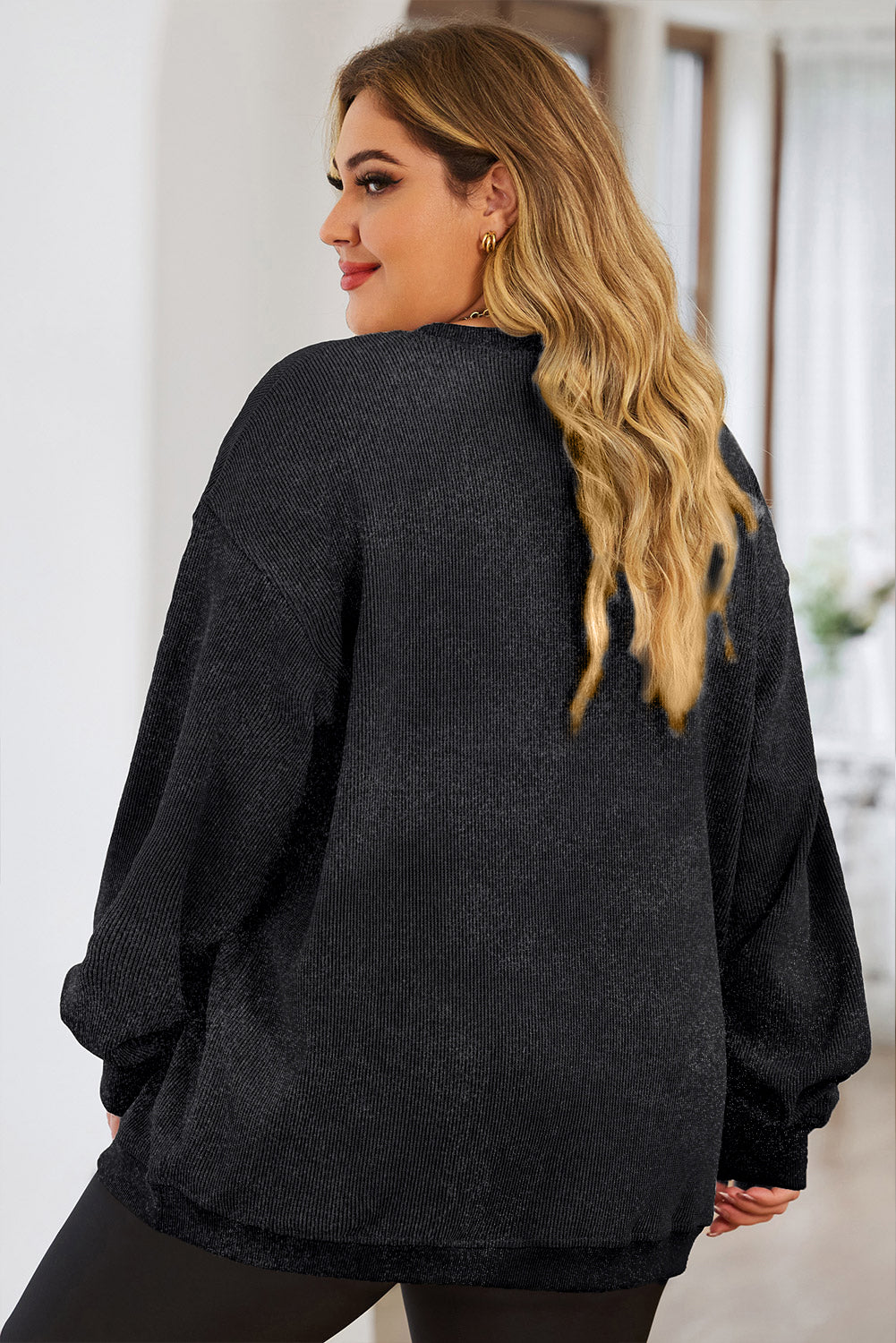 Plus Size Heart Ribbed Round Neck Sweatshirt