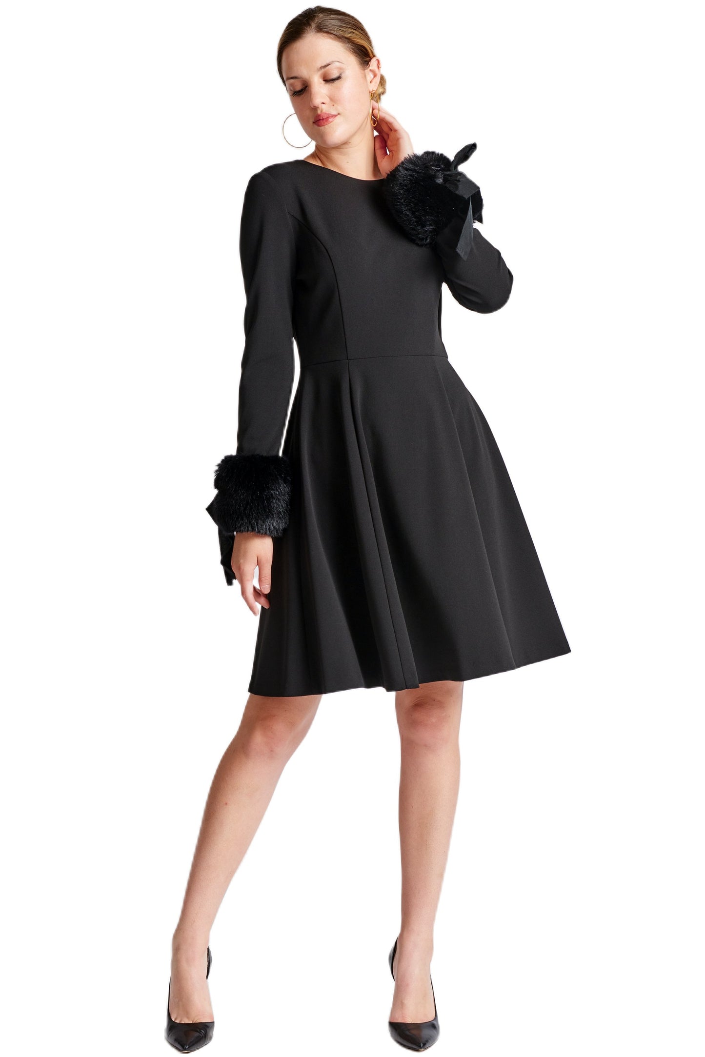 Caroline Dress - Crepe fit & flare dress with faux fur cuffs