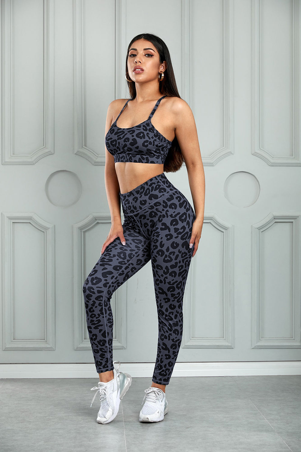 Charcoal Leopard Sports Bra and Leggings Set