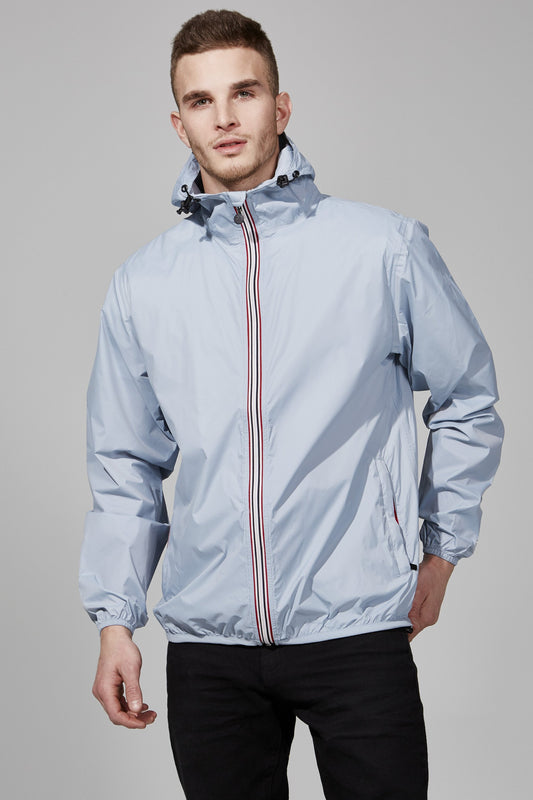 Full zip packable rain jacket and windbreaker in celestial blue