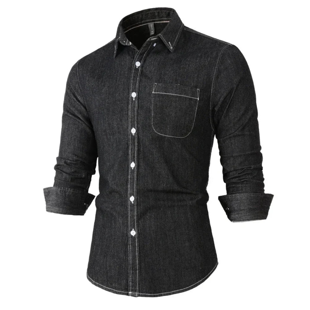 Mens Long Sleeve Single Pocket Denim Shirt