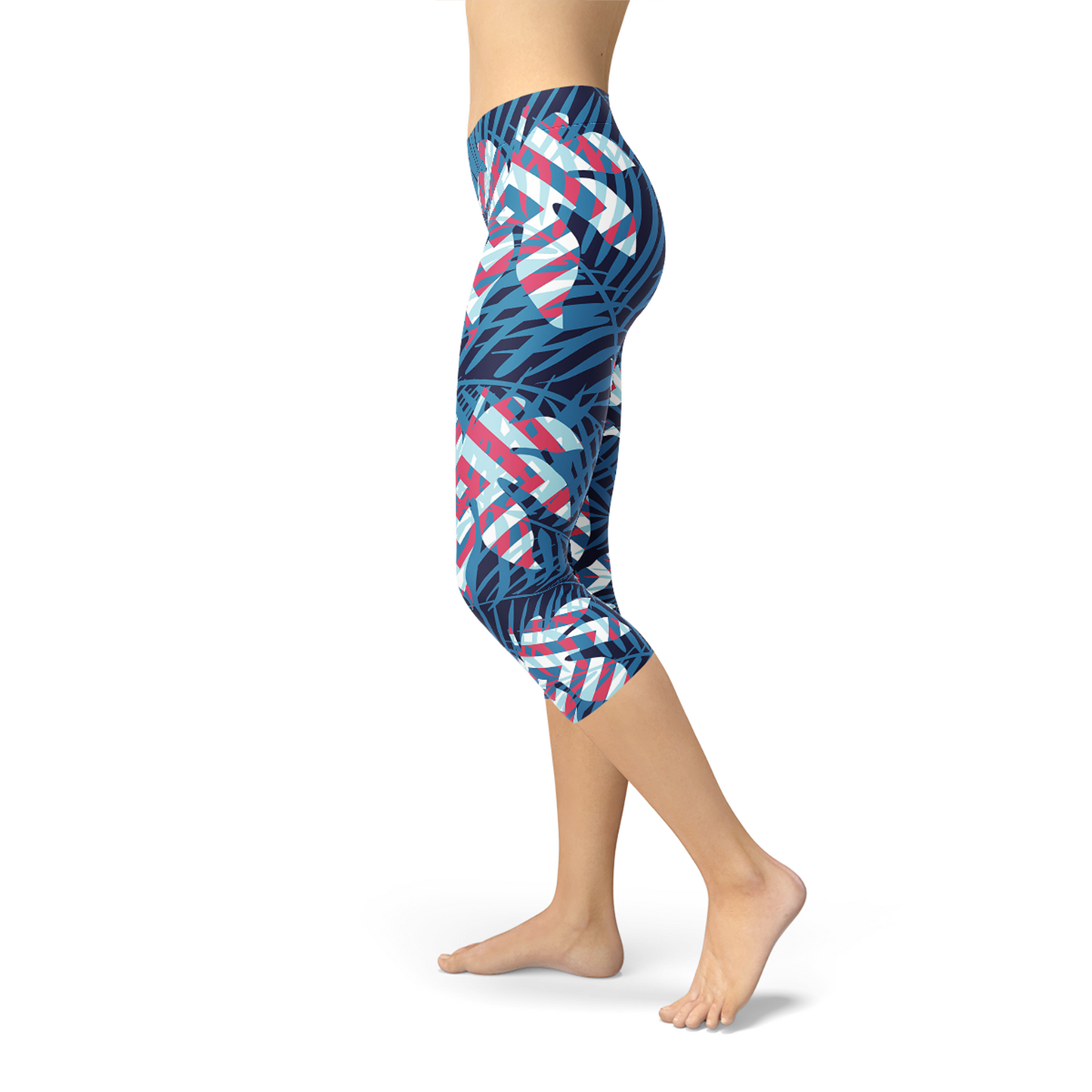 Blue Tropical Leaf Capri Leggings for Women