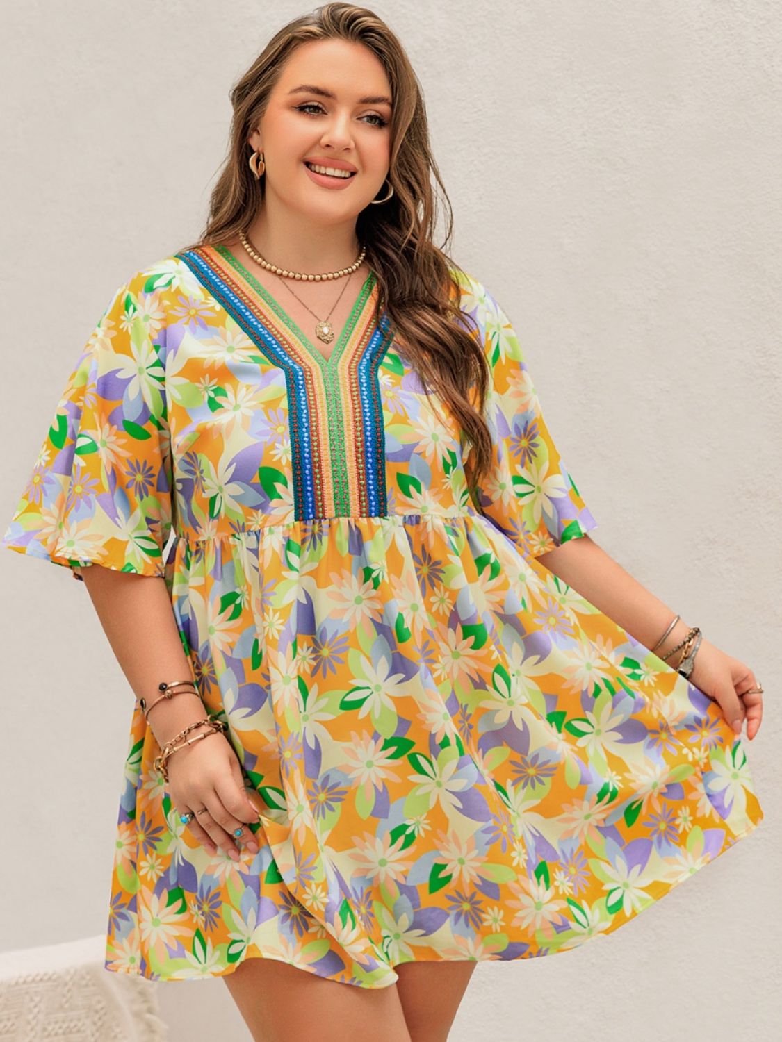 Plus Size Printed V-Neck Half Sleeve Mini Dress