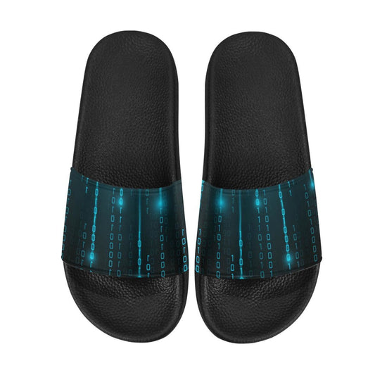 Womens Slides, Flip Flop Sandals, Blue Matrix Print