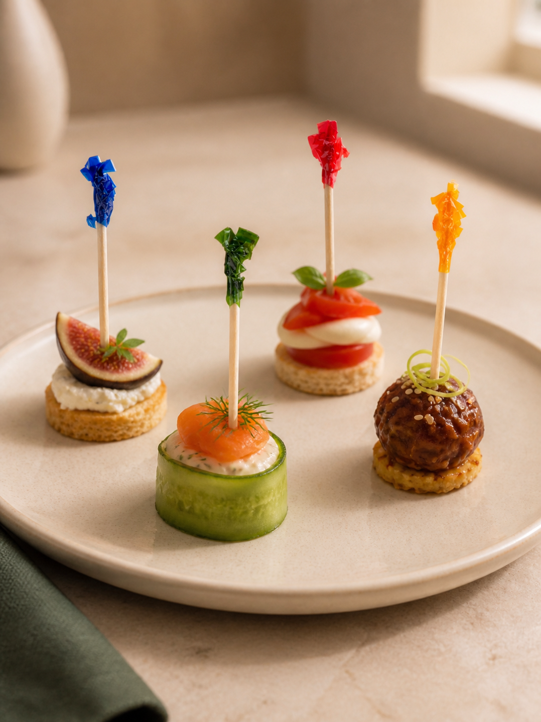 Stecchini per cocktail con frange metallizzate colorate in quattro tartine su un vassoio di ceramica