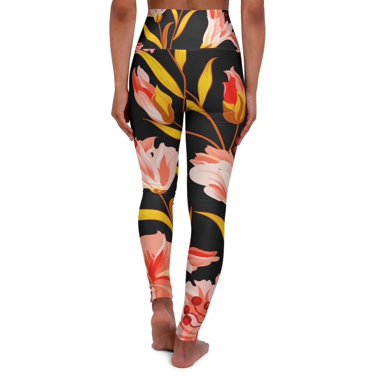 Women's High Waist Fitness Leggings, Pink And Gold Floral