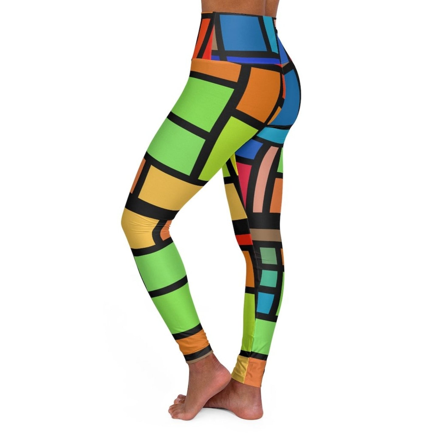 Women's High-waist Fitness Legging Yoga Pants, Multicolor Grid Block