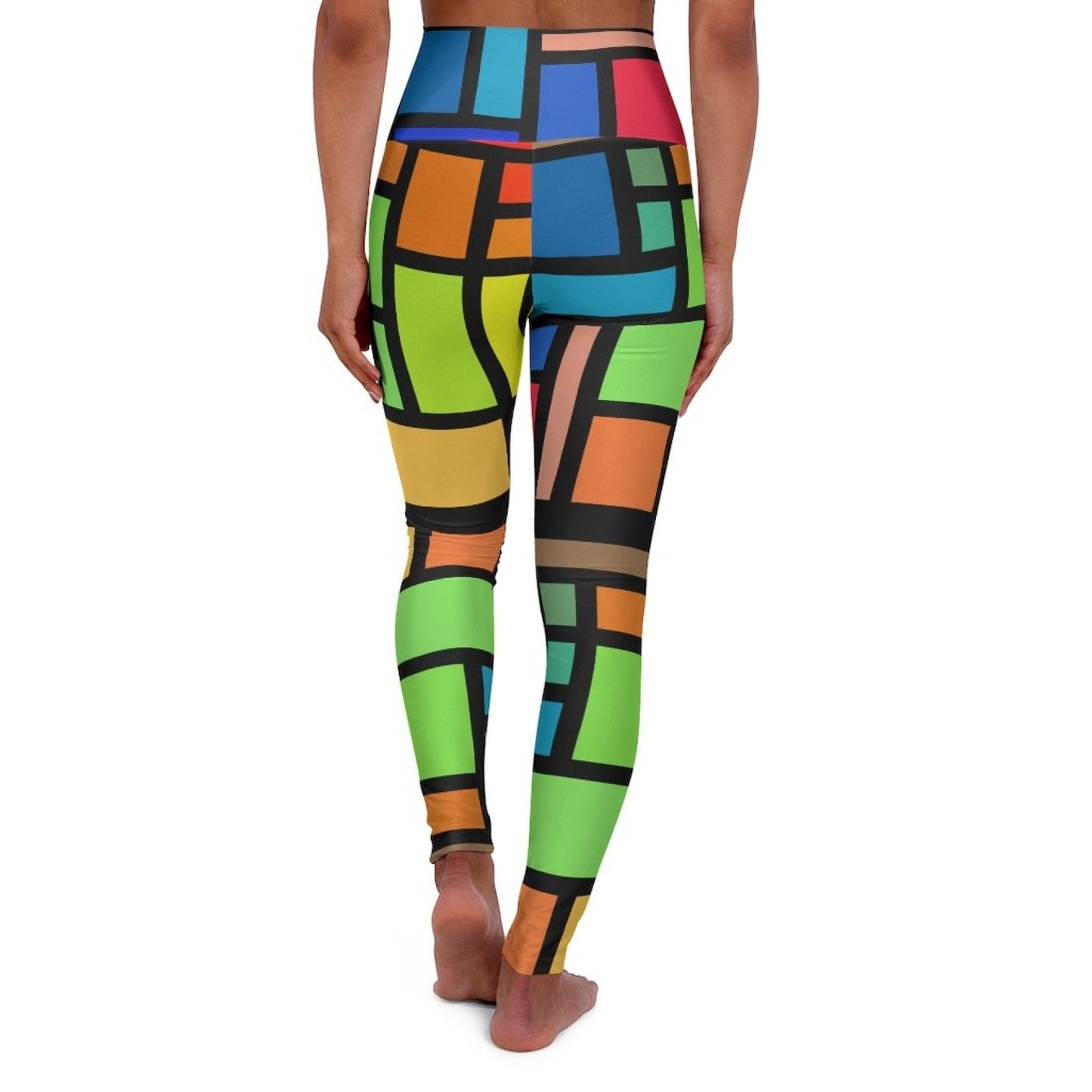 Women's High-waist Fitness Legging Yoga Pants, Multicolor Grid Block