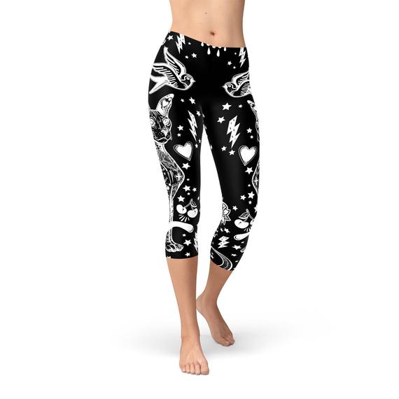 Women's Black Magic Cat Capri Leggings