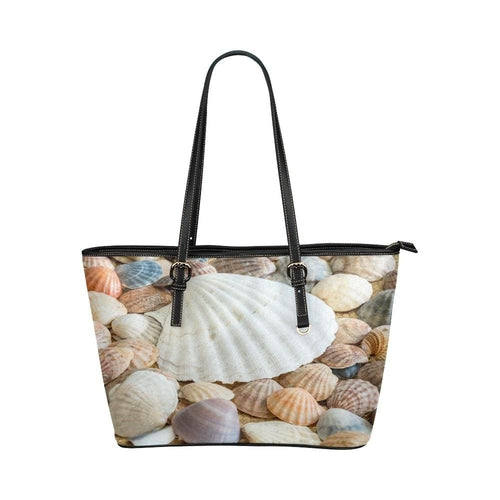 Large Leather Tote Shoulder Bag - Clam Sea Life Illustration