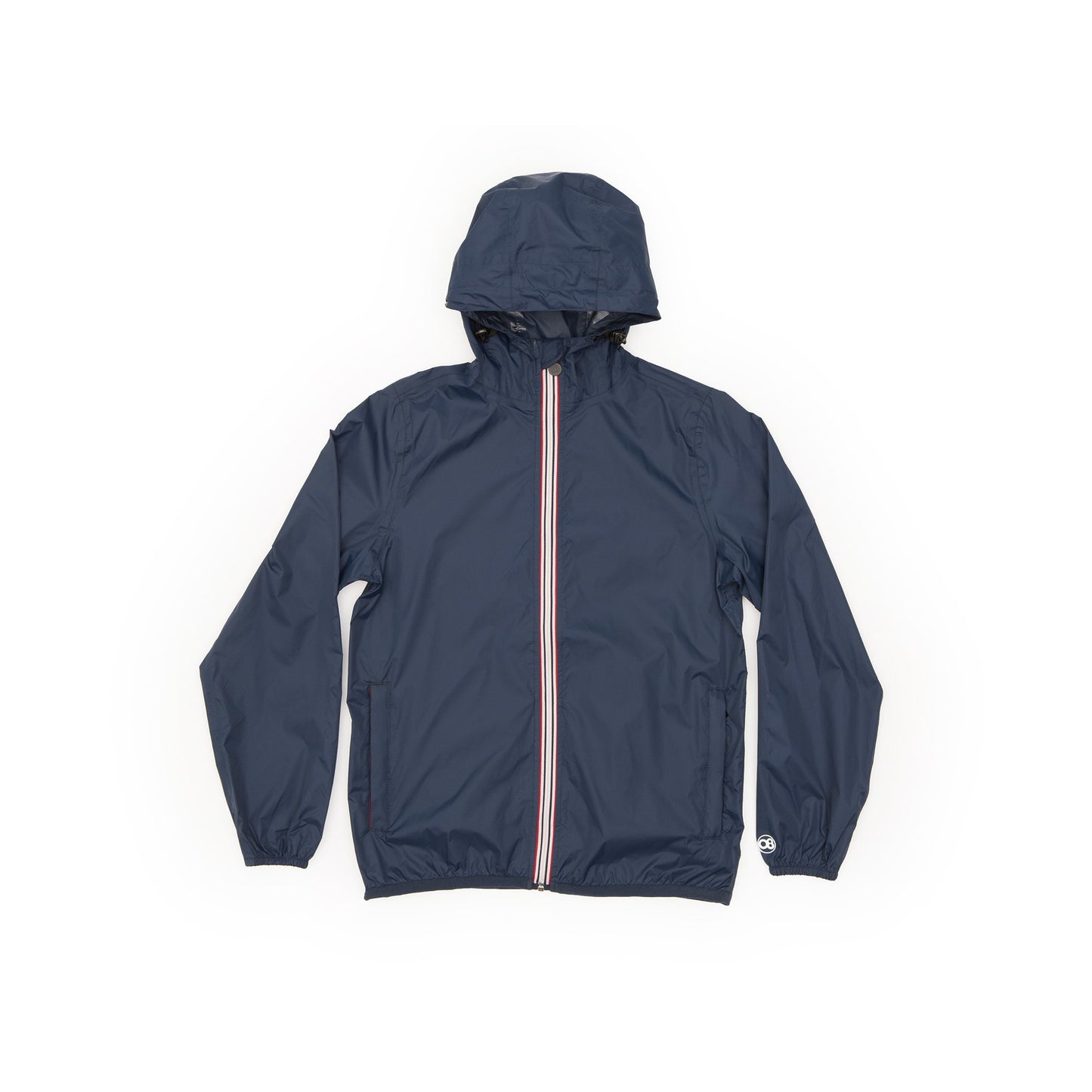 Navy full zip packable rain jacket and windbreaker