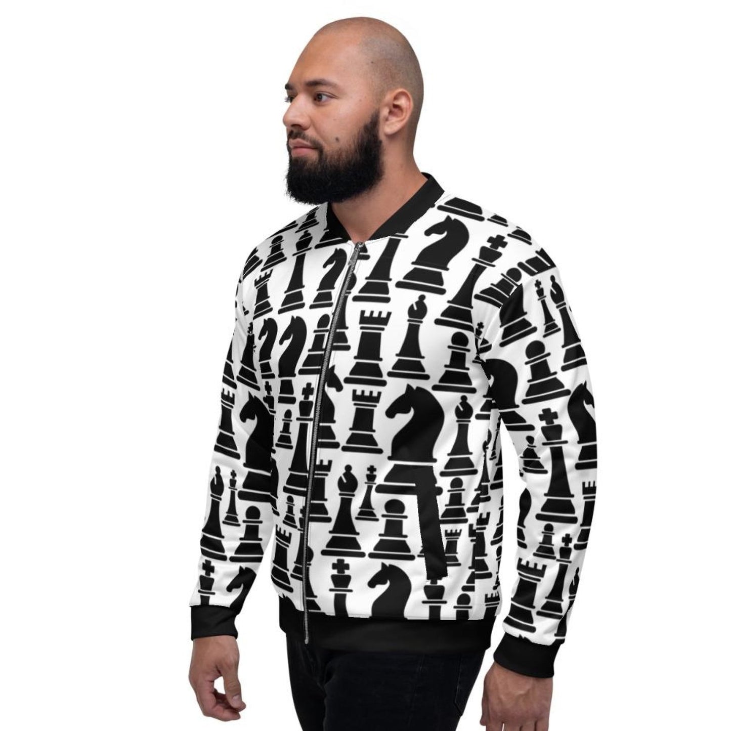 Mens Jacket - Black And White Chess Style Bomber Jacket