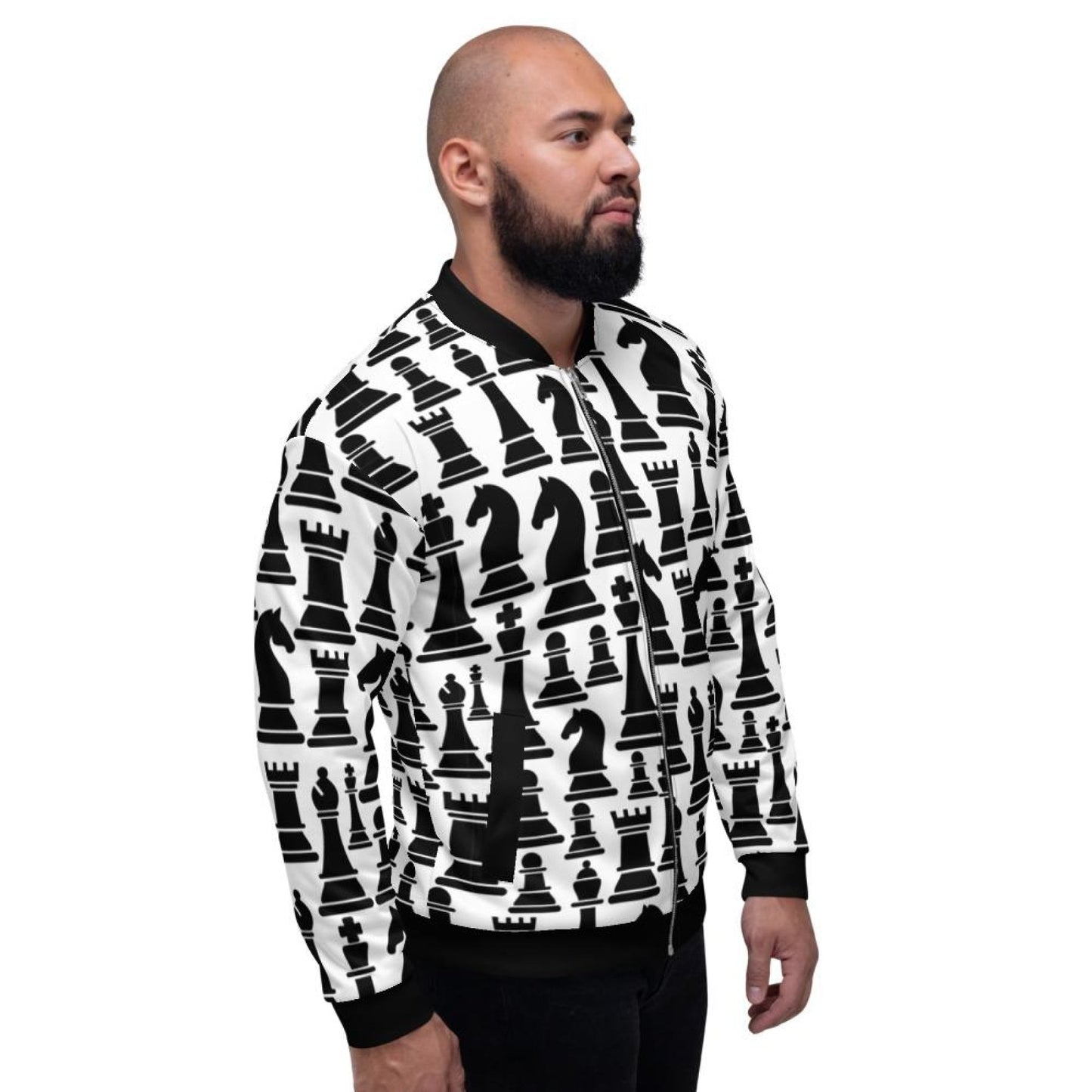 Mens Jacket - Black And White Chess Style Bomber Jacket