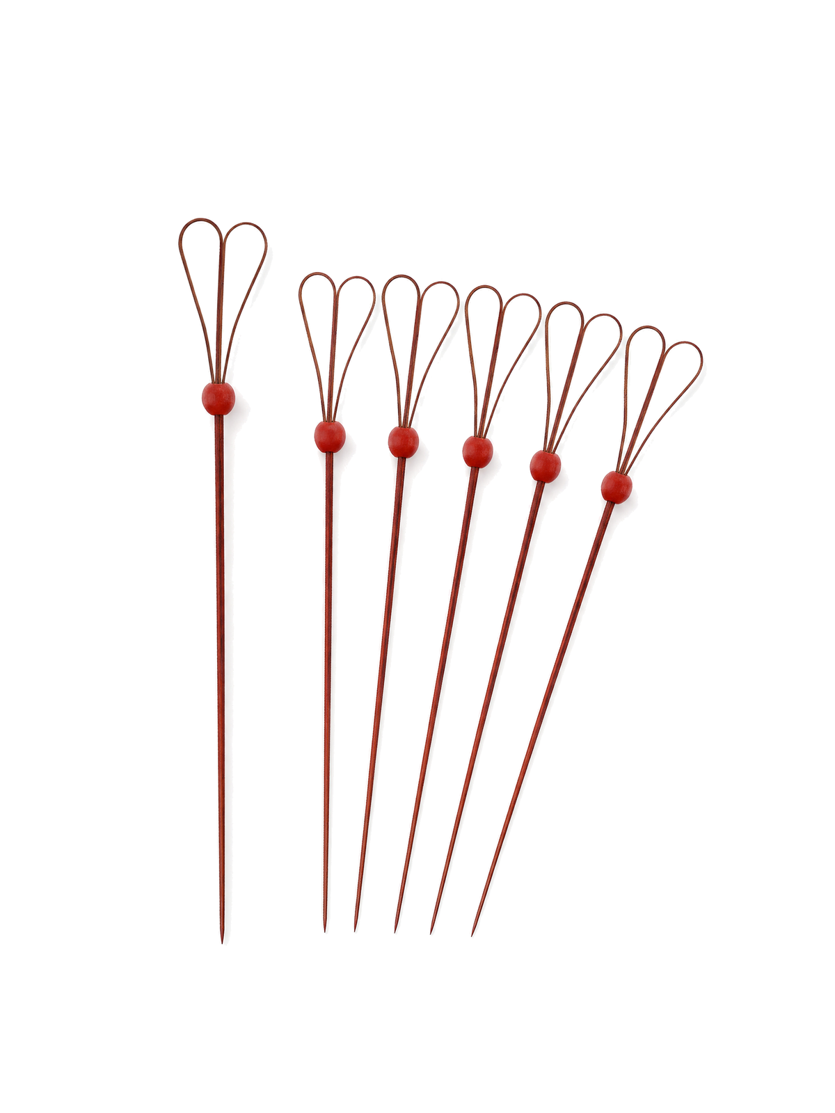 Red heart-loop bamboo picks on a white background