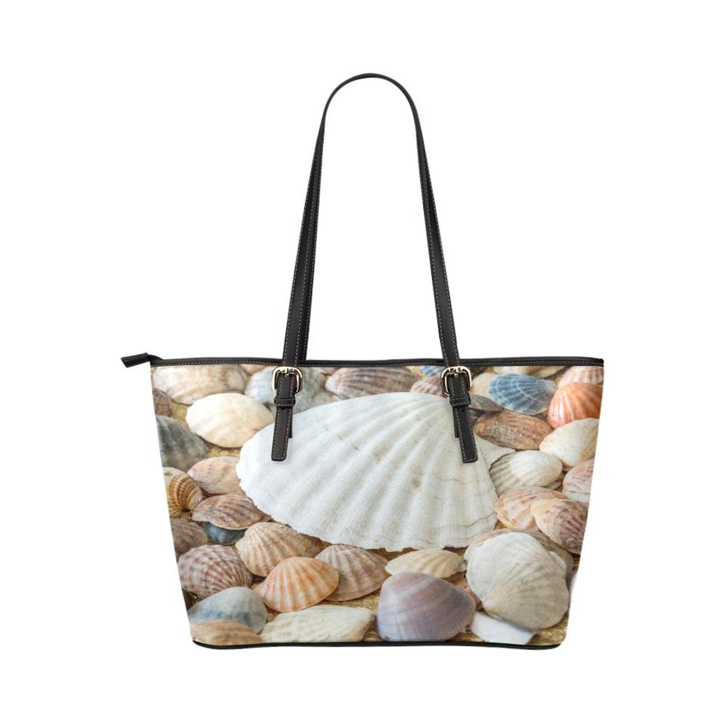 Large Leather Tote Shoulder Bag - Clam Sea Life Illustration