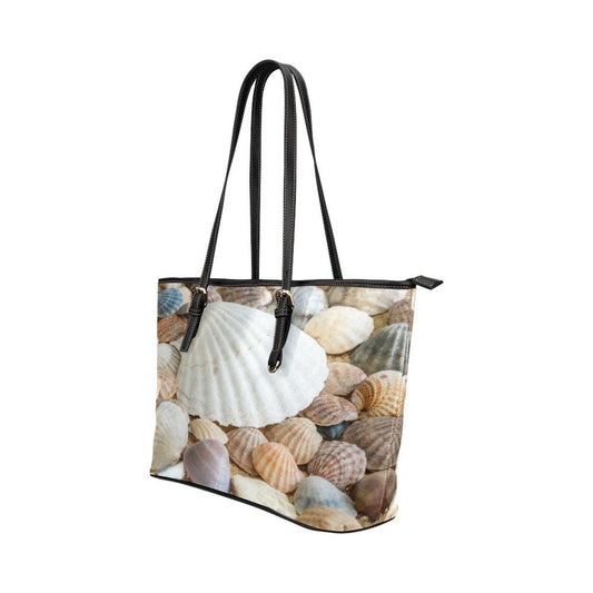 Large Leather Tote Shoulder Bag - Clam Sea Life Illustration