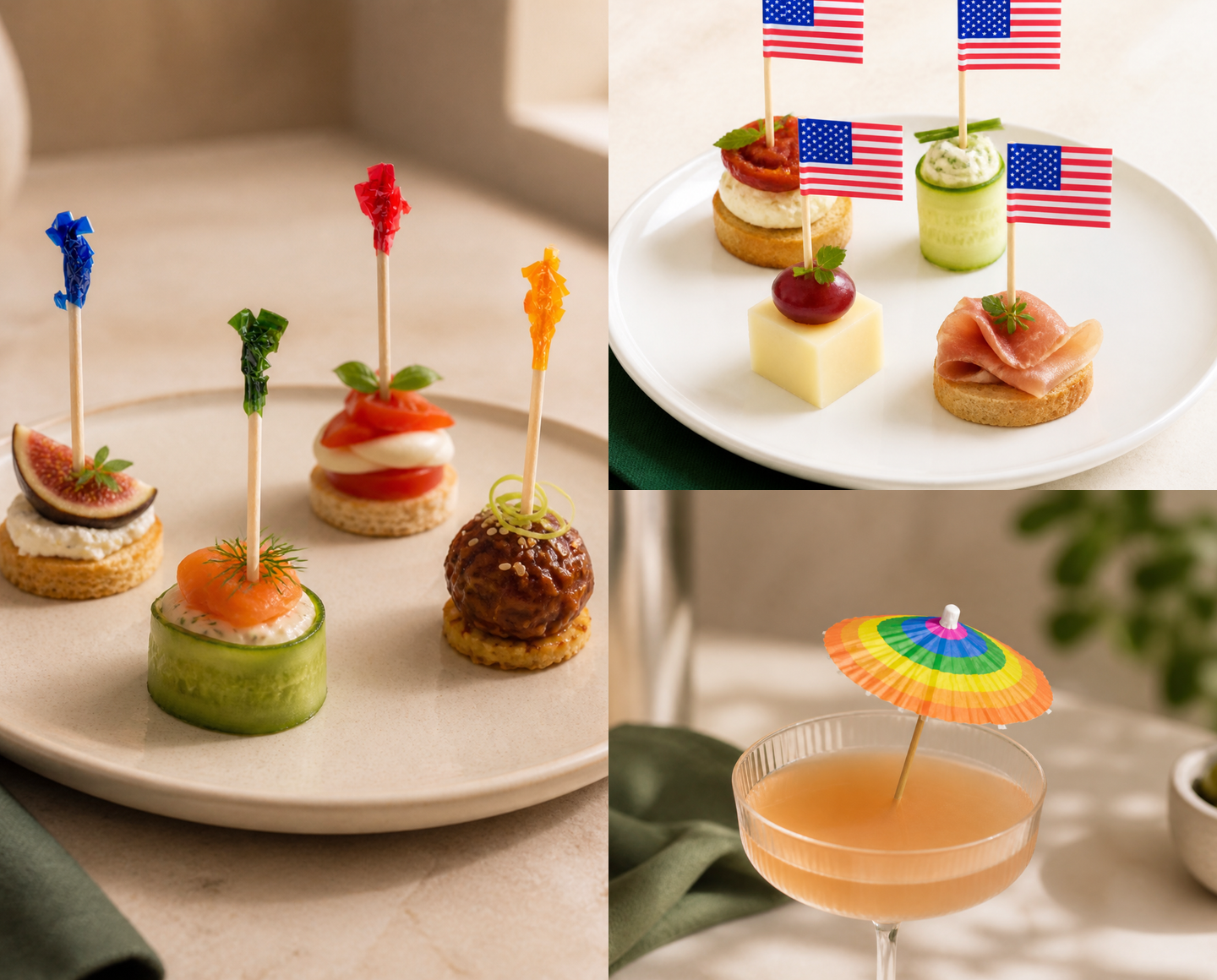Frill picks, US flag picks and a cocktail umbrella pick presented with appetizers and a drink