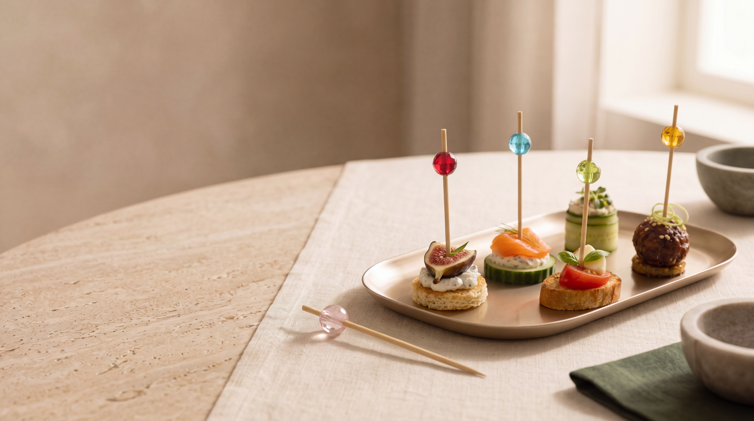 Acrylic bead food picks arranged on a hospitality canapé tray