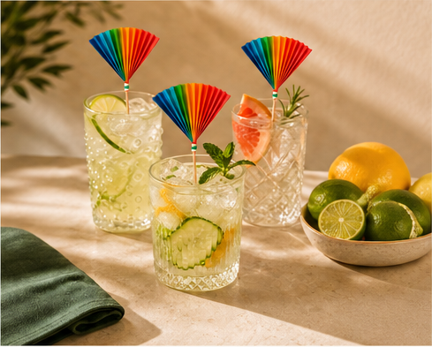 Colorful cocktail umbrella picks arranged in drinks with citrus
