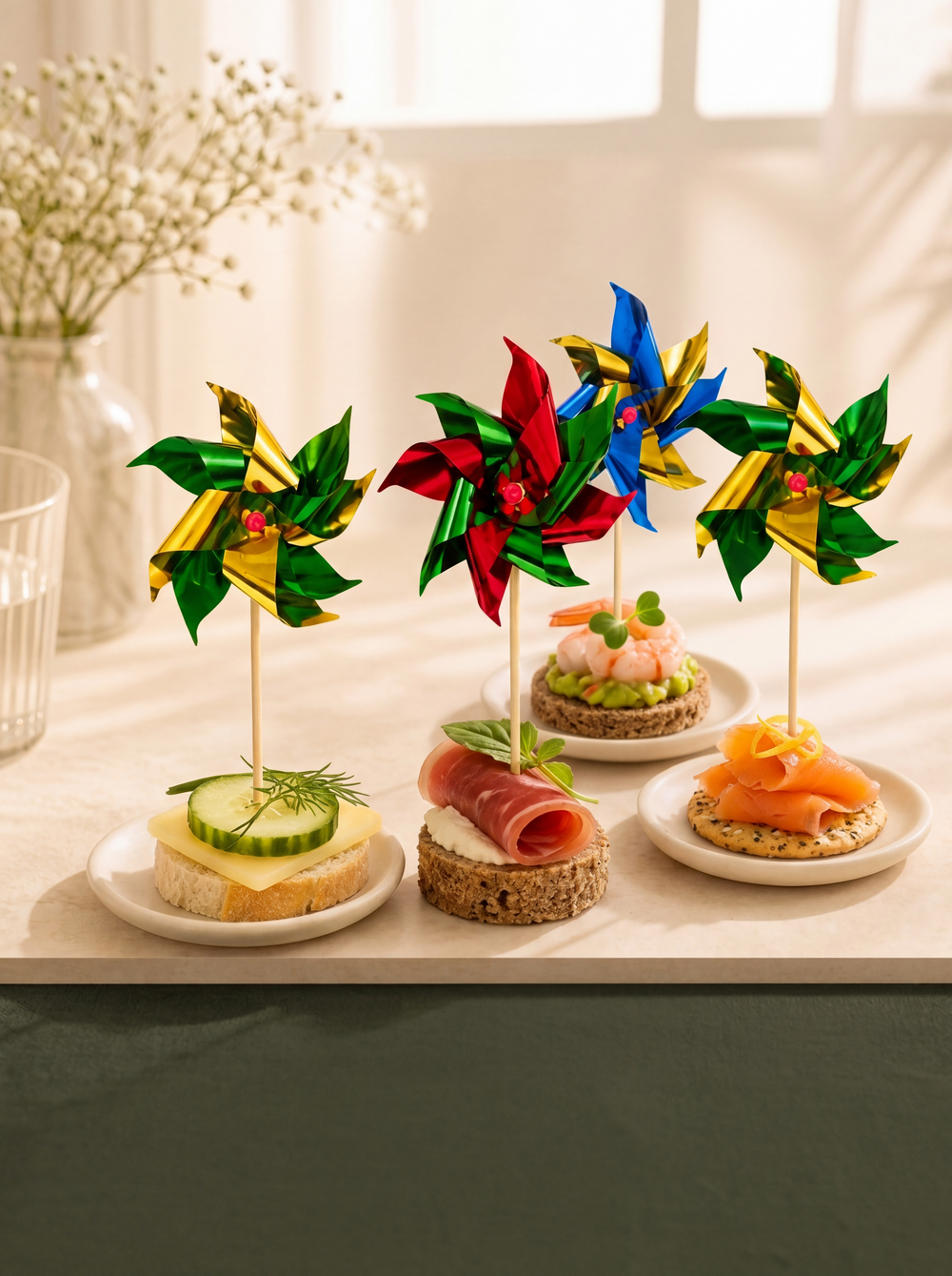 Double-layer metallic pinwheel picks on themed event bites
