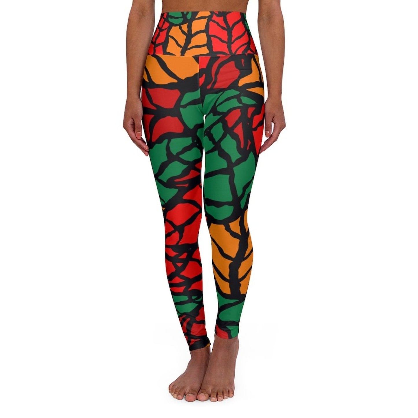 Women's High-waist Fitness Legging Yoga Pants, Red Green Autumn Leaf