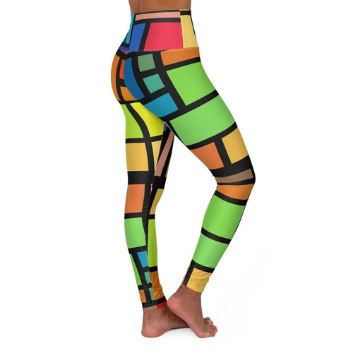 Women's High-waist Fitness Legging Yoga Pants, Multicolor Grid Block