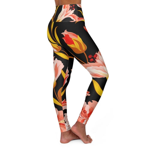 Women's High Waist Fitness Leggings, Pink And Gold Floral