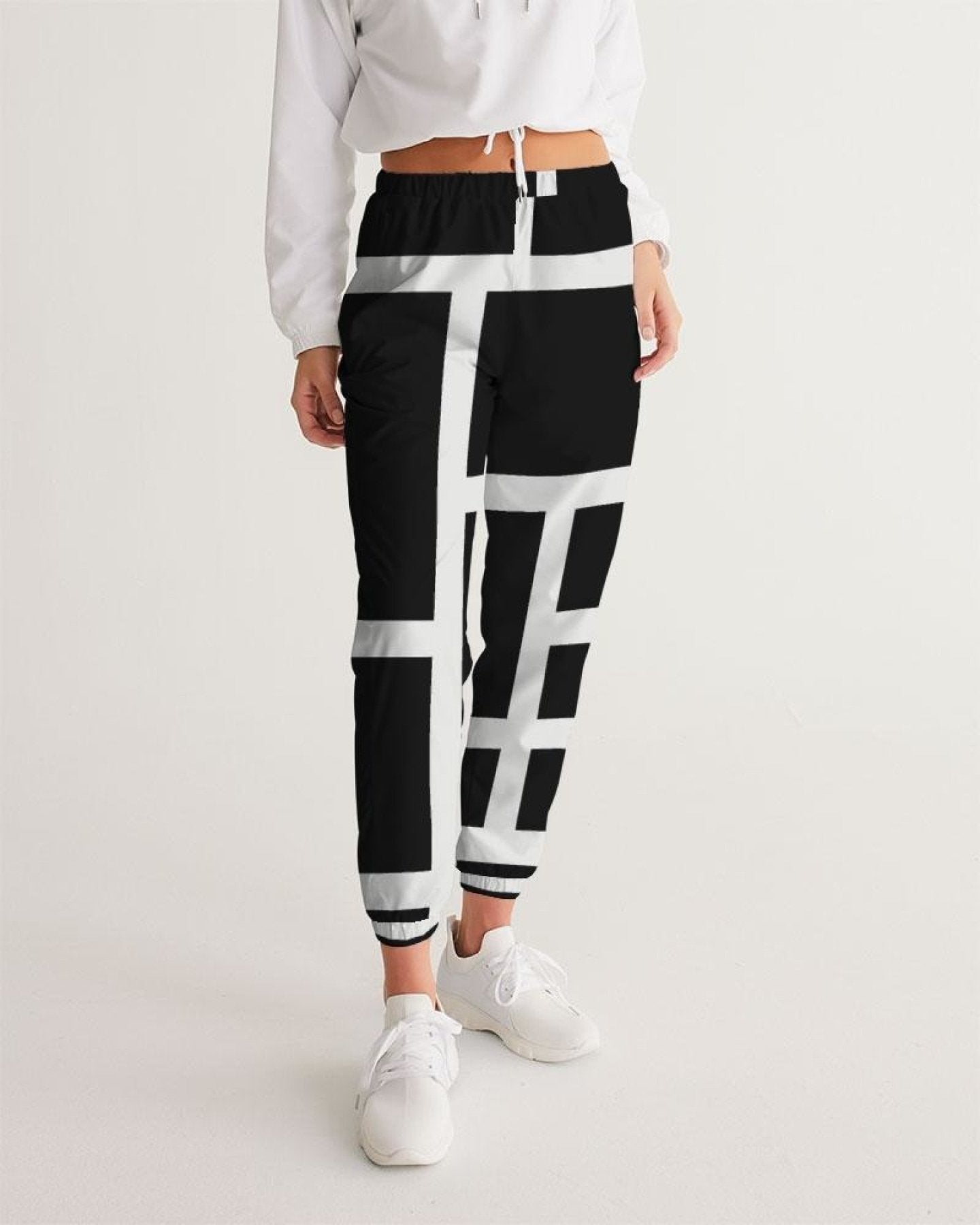 Womens Track Pants - Black And White Block Grid Sports Pants