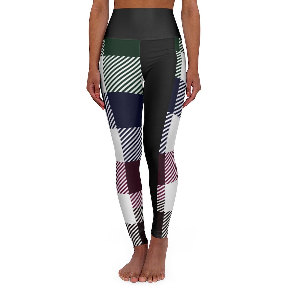 Women's High-waist Fitness Legging Yoga Pants, Black Multicolor Plaid